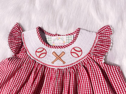 Red Gingham Baseball Smocked Bishop Dress