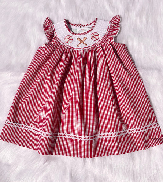 Red Gingham Baseball Smocked Bishop Dress