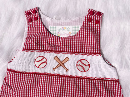 Red Gingham Baseball Smocked Shortalls