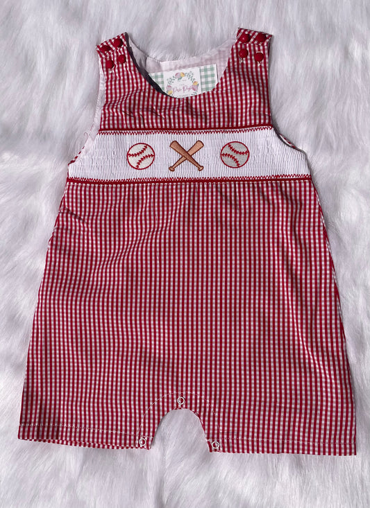 Red Gingham Baseball Smocked Shortalls