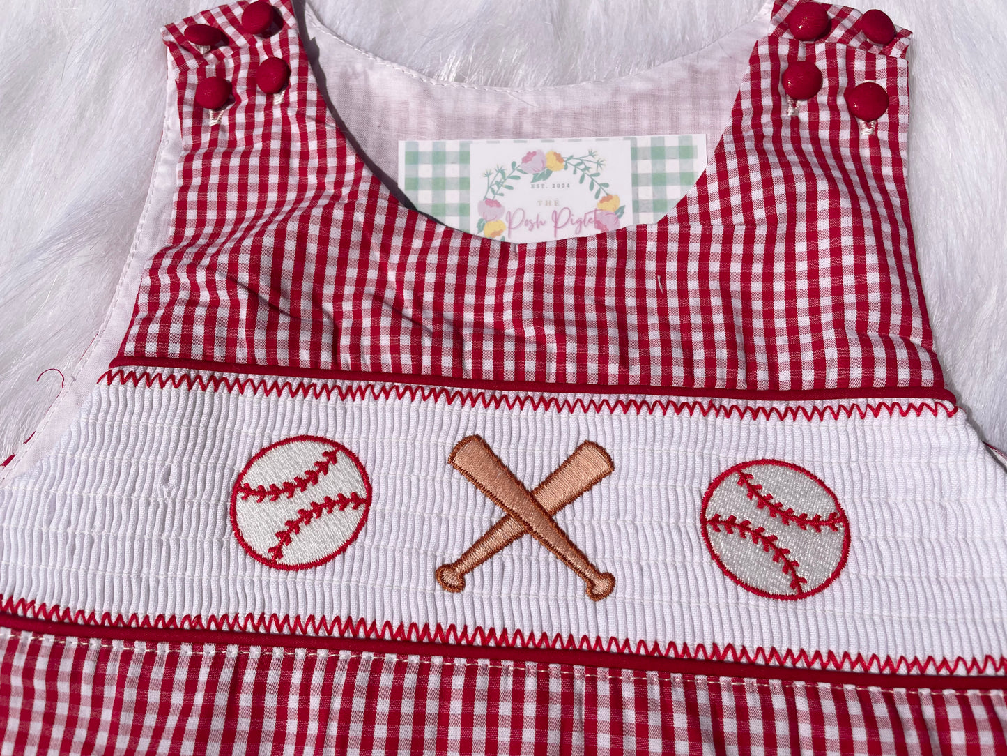 Red Gingham Baseball Smocked Shortalls