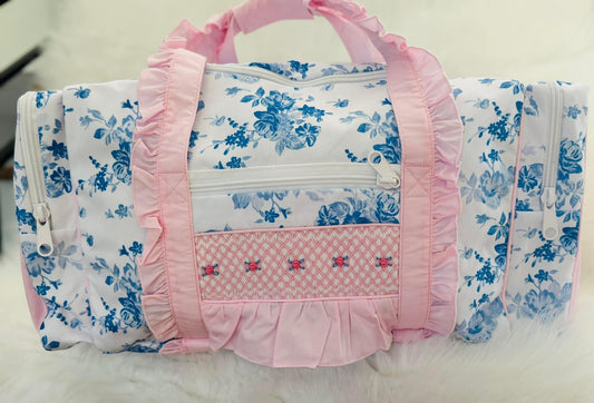 Blue & White Floral Smocked Duffel Bag