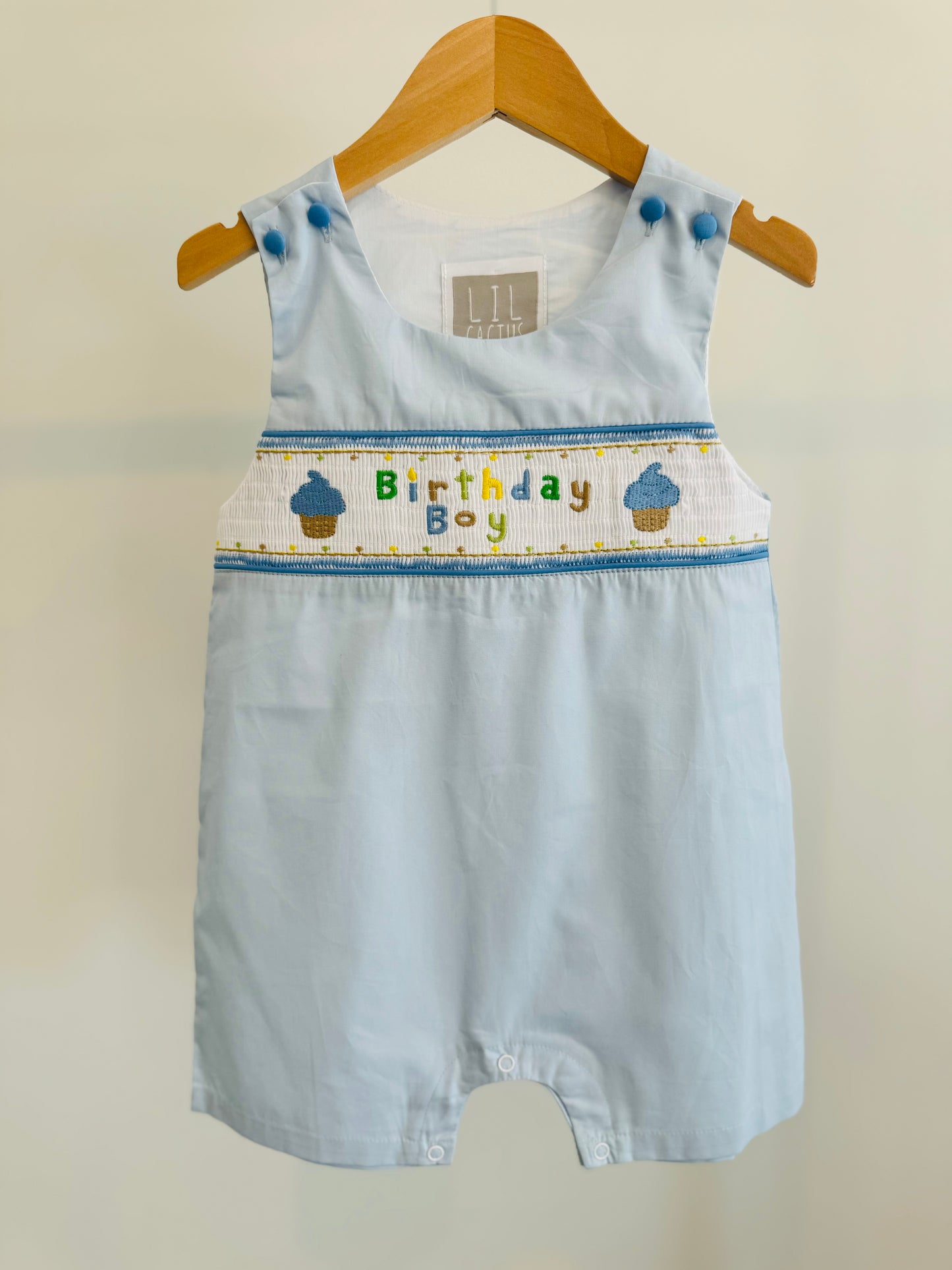 Blue Birthday Boy Smocked Shortalls