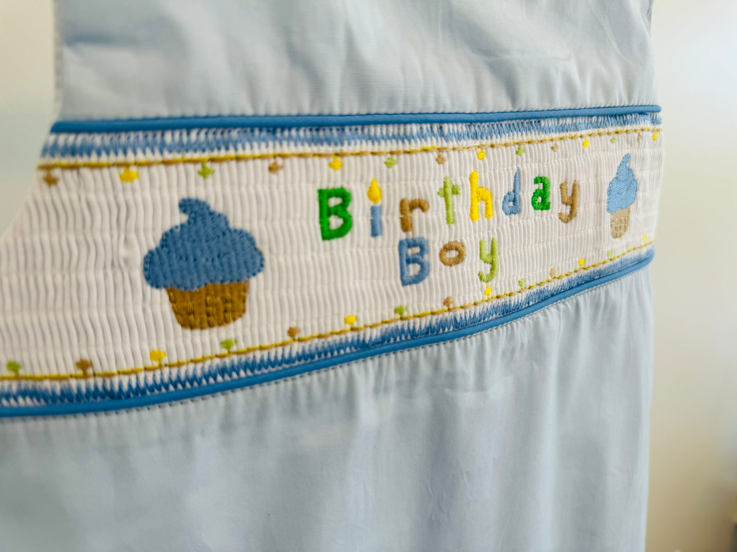 Blue Birthday Boy Smocked Shortalls