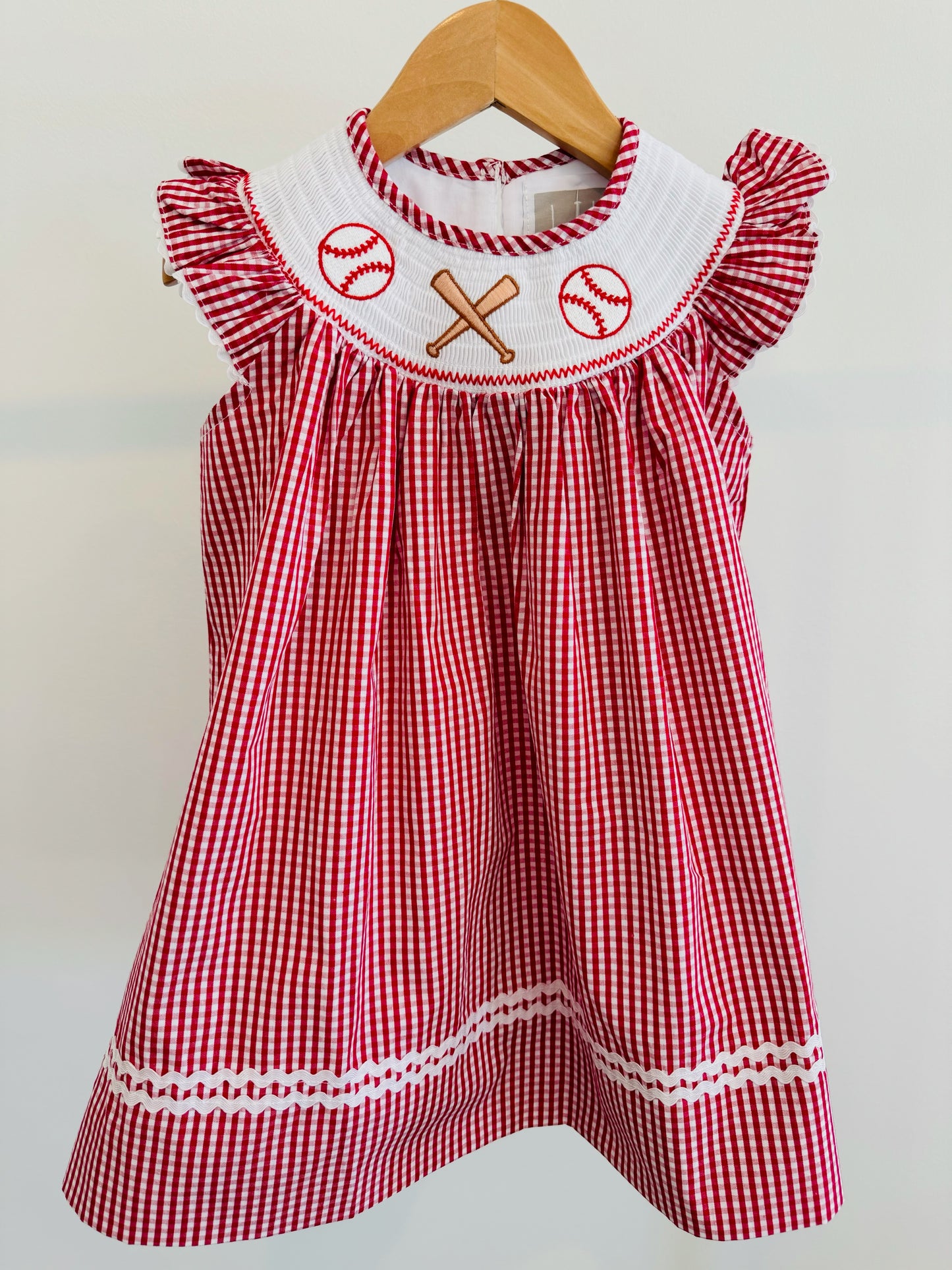 Red Gingham Baseball Smocked Bishop Dress