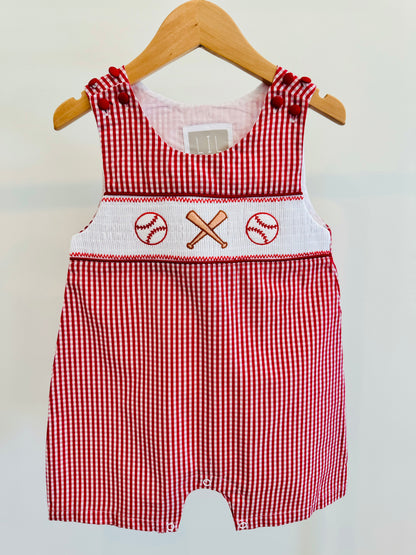 Red Gingham Baseball Smocked Shortalls