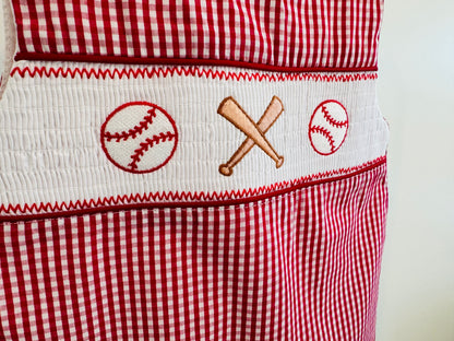 Red Gingham Baseball Smocked Shortalls