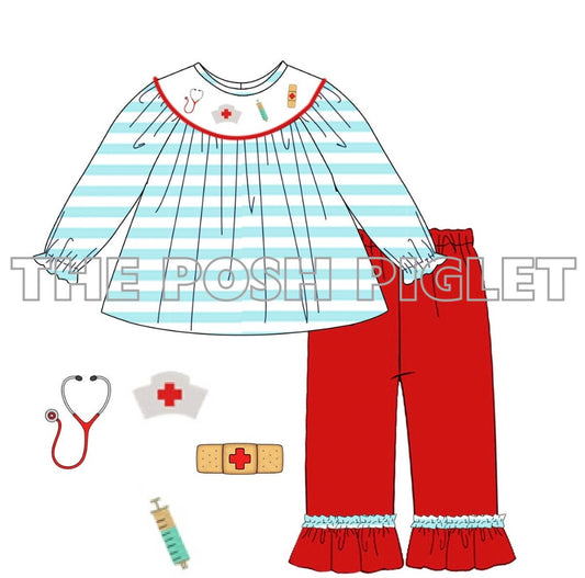 Nurse Smocked Long Sleeve Pant Set