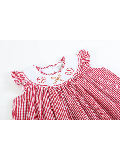 Red Gingham Baseball Smocked Bishop Dress