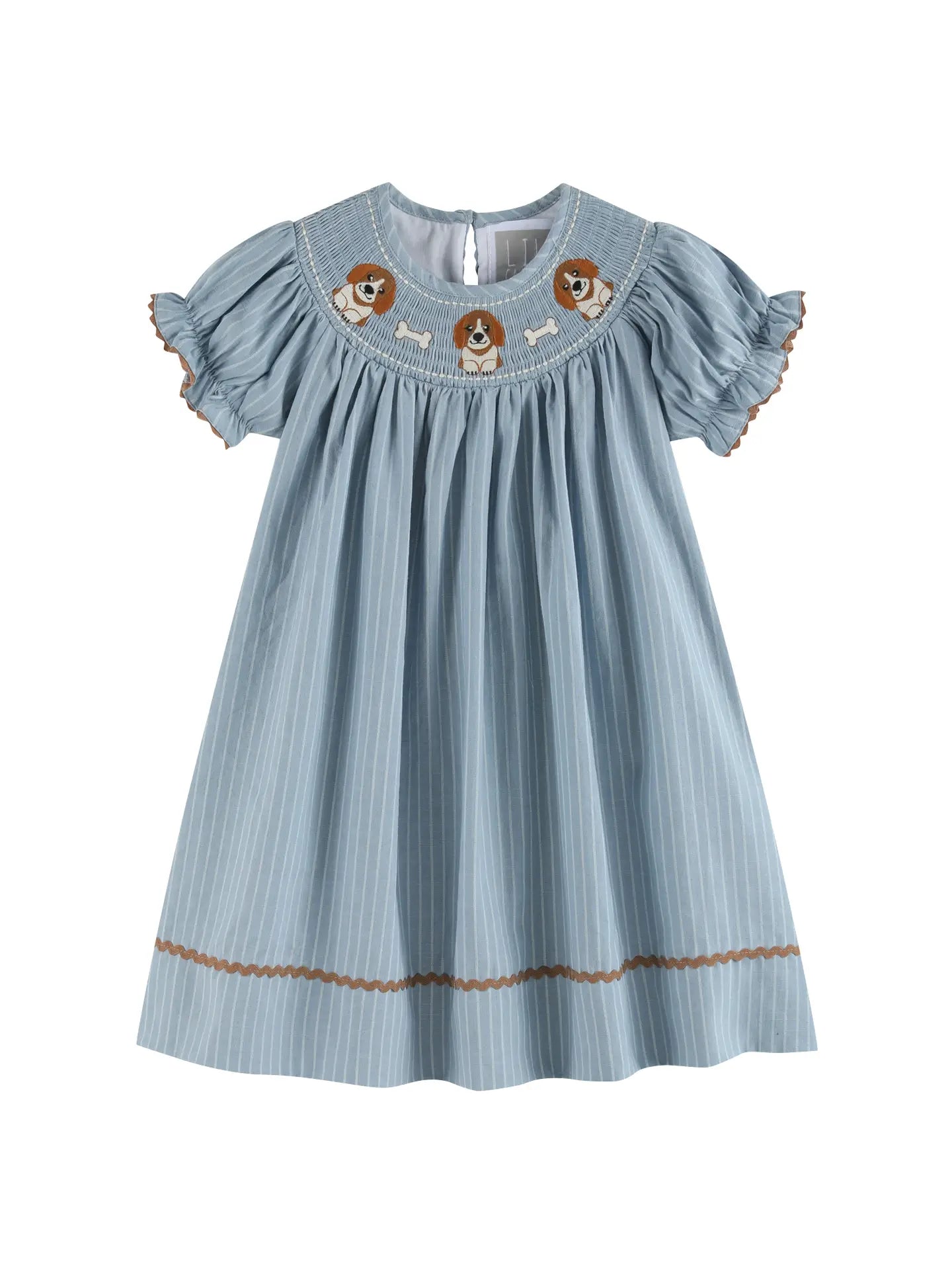 Light Blue Puppy Smocked Bishop Dress