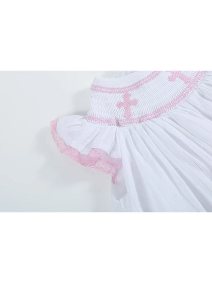 White and Pink Cross Smocked Bishop Dress