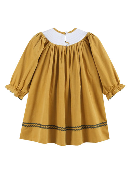 Gold Corduroy Sunflower Smocked Bishop Dress