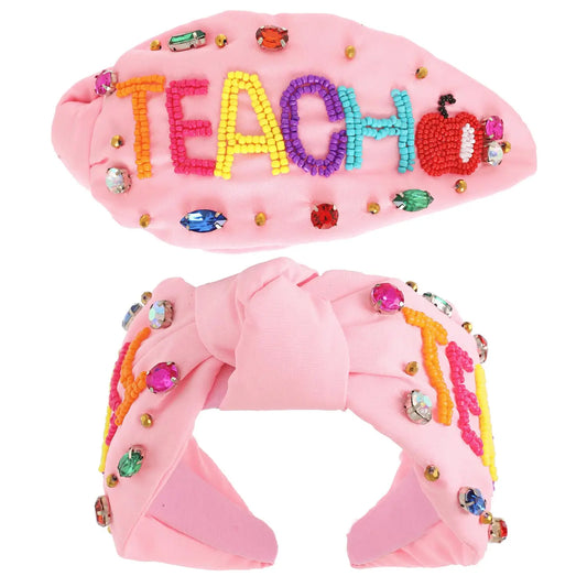 Pink Beaded "Teach" & Apple w/ Rhinestones Knotted Headband