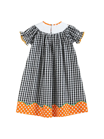 Black and Orange Gingham 'booo' Smocked Bishop Dress