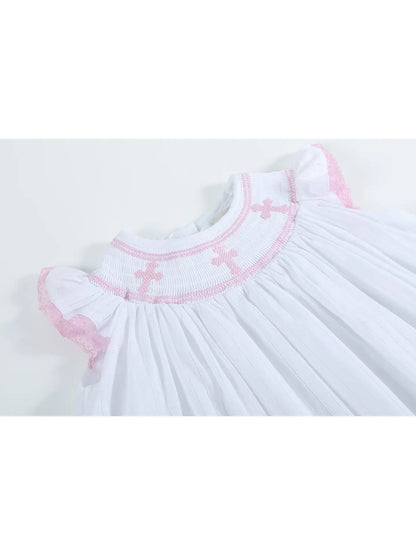 White and Pink Cross Smocked Bishop Dress