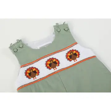 Sage Green Turkey Smocked Overalls