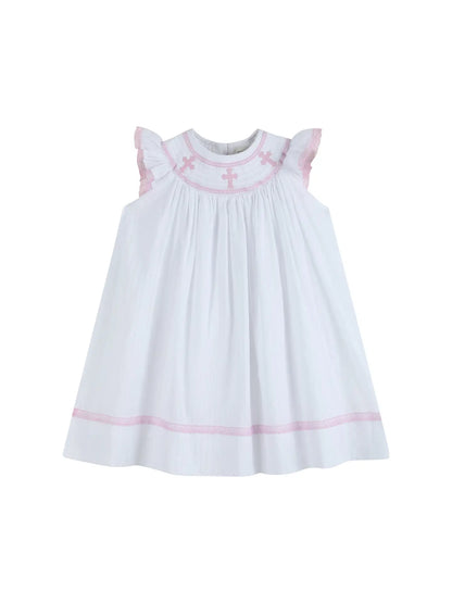 White and Pink Cross Smocked Bishop Dress